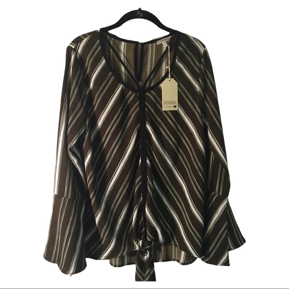 𝅺JODIFL olive/blk/wht stripe bell cuff, U-neck top tie waist size Medium